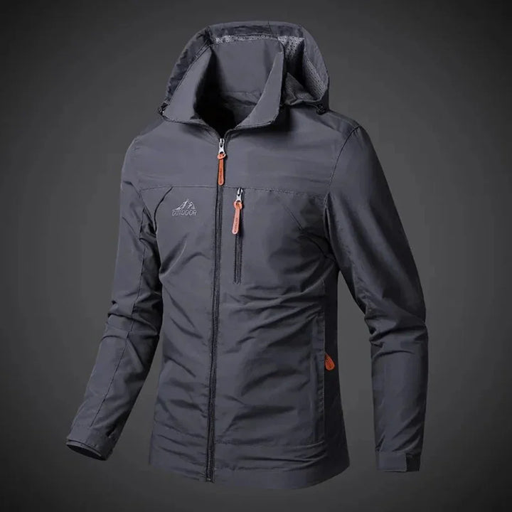 Folded men's waterproof wind jacket, highlighting its lightweight and packable design for travel and outdoor.