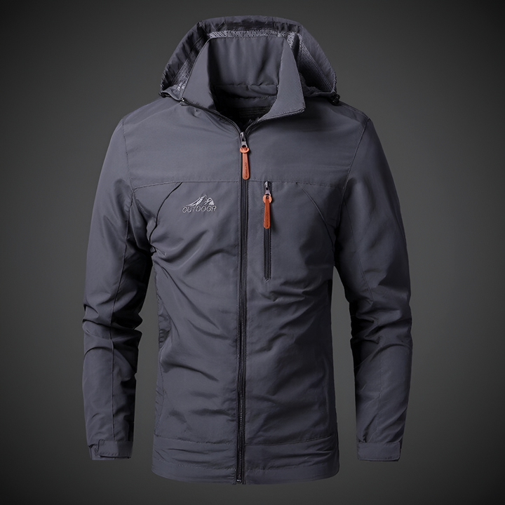 Full-zip men's waterproof wind jacket with hood, ideal lightweight outerwear for spring, summer, and travel.