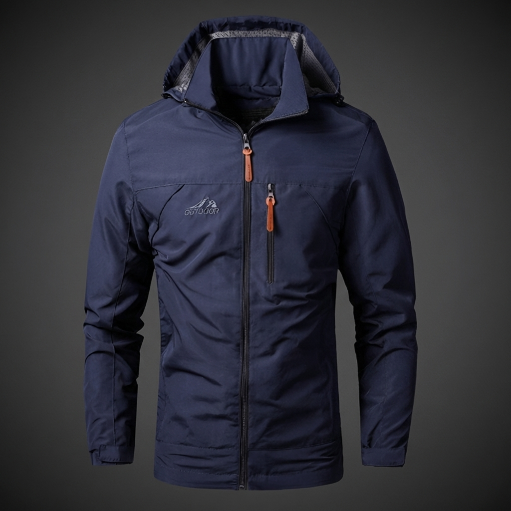 Stylish men's lightweight waterproof windbreaker for casual city wear. Ideal travel jacket for spring/summer adventures.