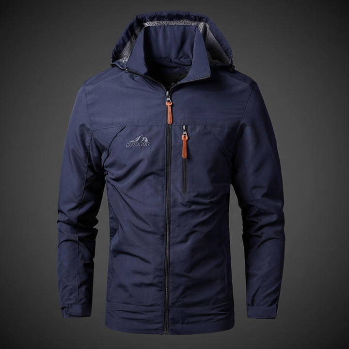 Stylish men's lightweight waterproof windbreaker for casual city wear. Ideal travel jacket for spring/summer adventures.