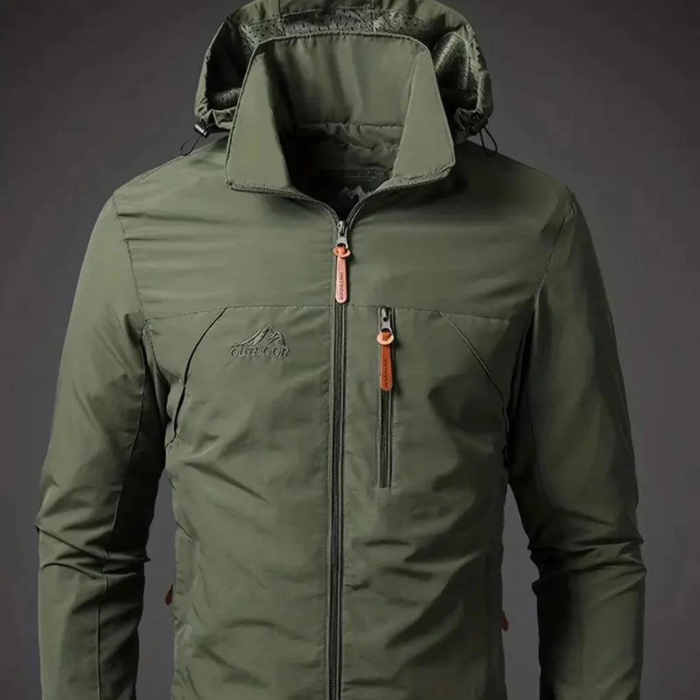 Men's waterproof windproof outdoor jacket for hiking. Lightweight rainwear activewear, front view.