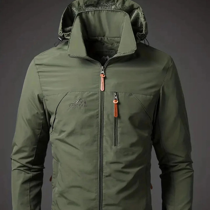 Men's waterproof windproof outdoor jacket for hiking. Lightweight rainwear activewear, front view.