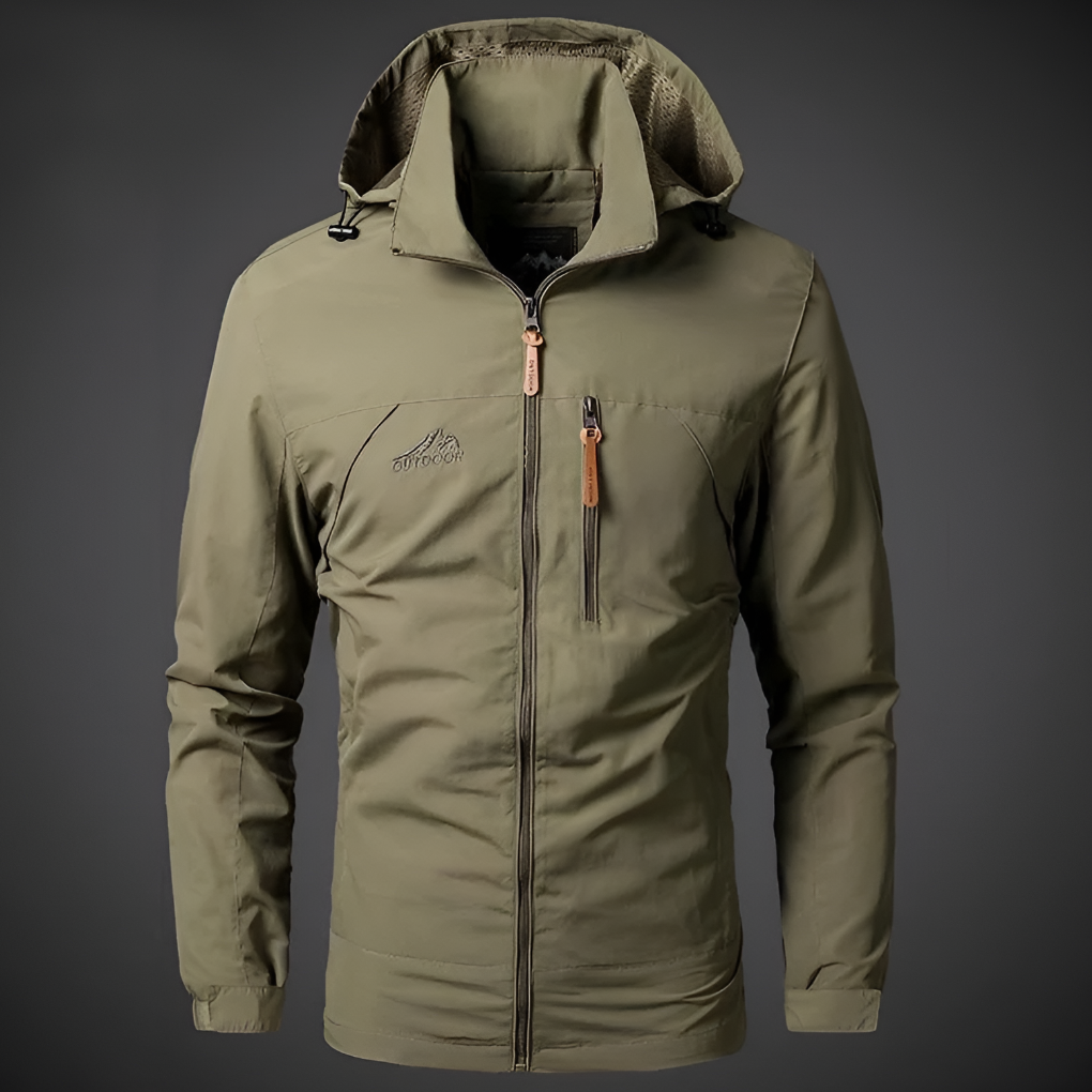 Men's new waterproof windproof outdoor jacket, ideal for hiking and commuting, side view.