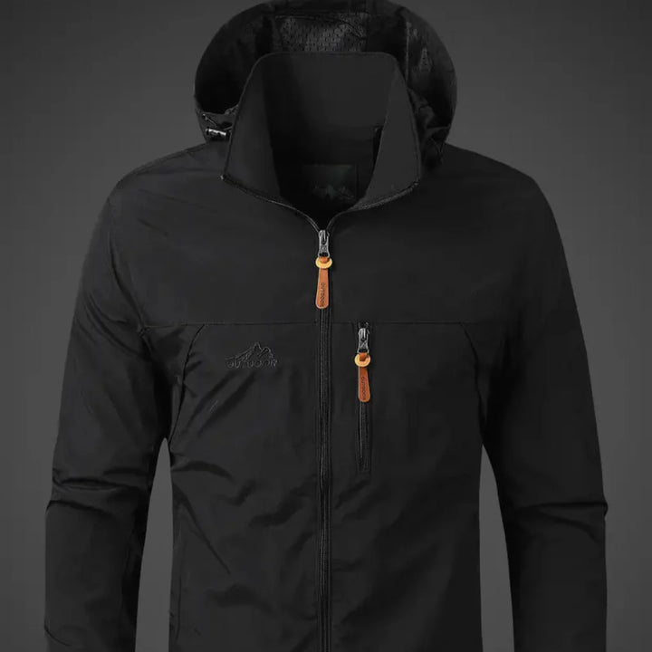 Lightweight men's waterproof windproof jacket, perfect outdoor activewear for rain, back view.