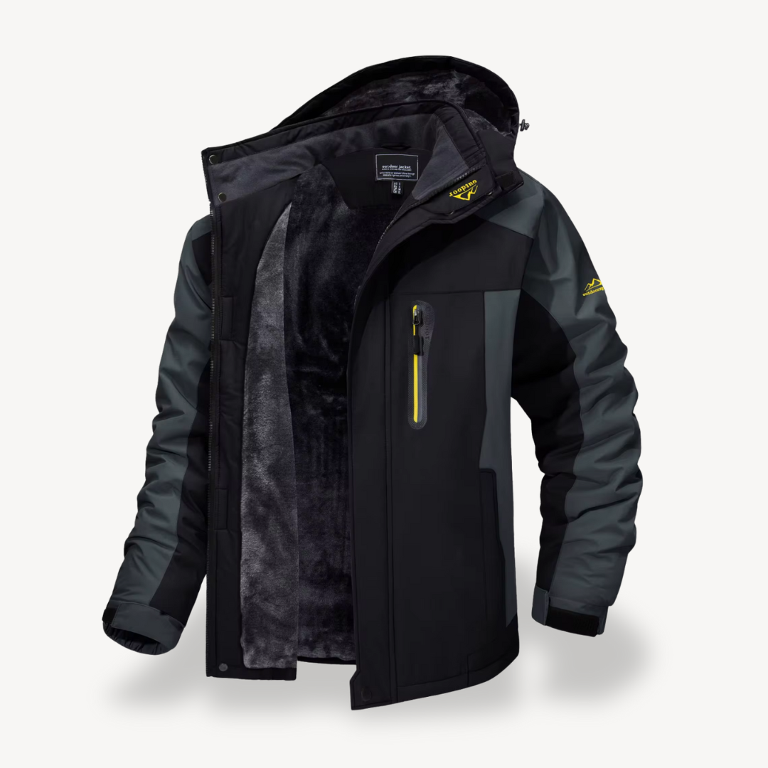 Men's waterproof winter jacket with hood for outdoor adventures. Warm, heavy-duty weather protection against cold.