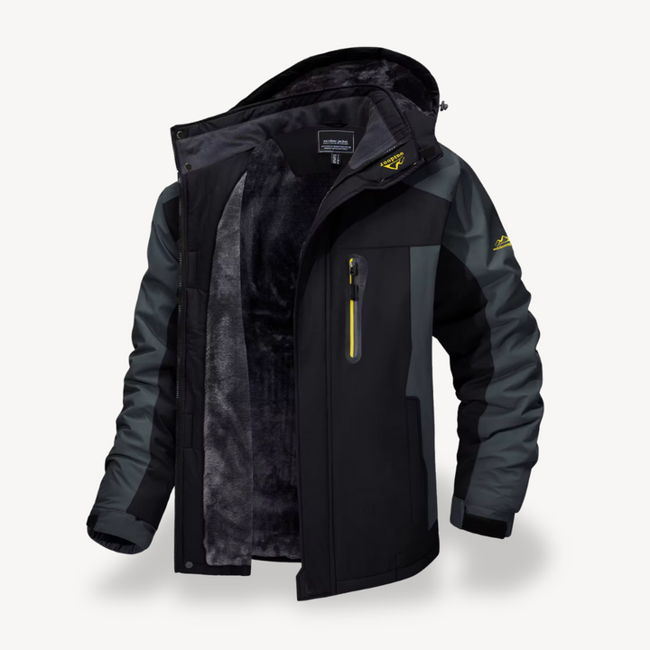 Men's waterproof winter jacket with hood for outdoor adventures. Warm, heavy-duty weather protection against cold.