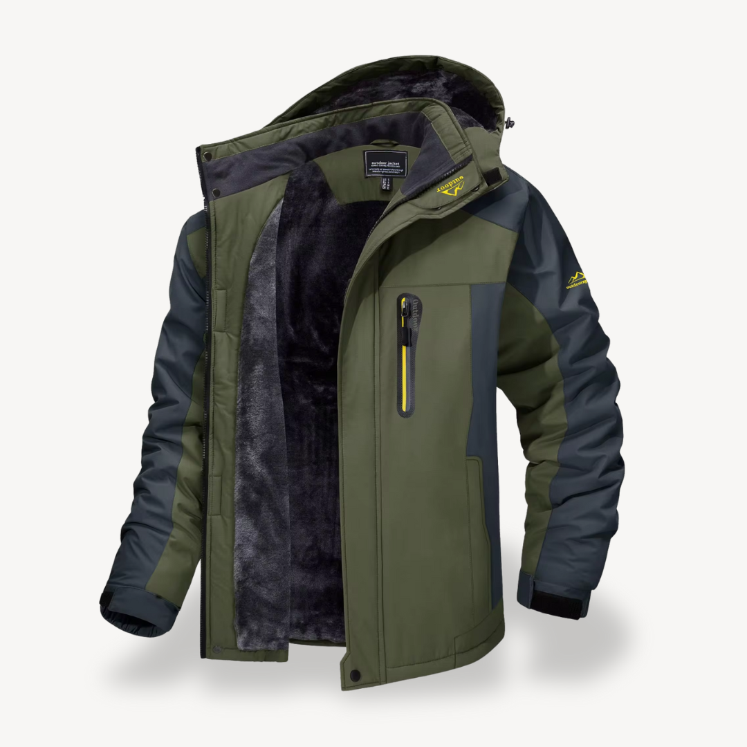 Warm hooded men's winter coat, waterproof for cold weather. Durable outdoor outerwear with zipper for adventure.