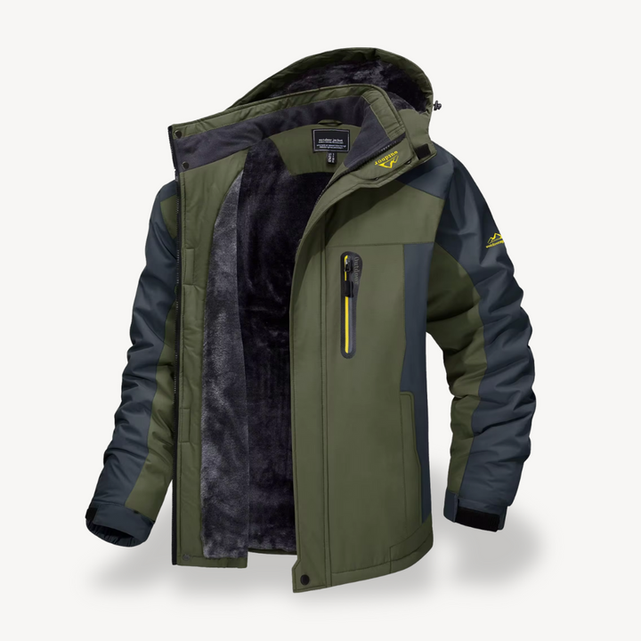 Warm hooded men's winter coat, waterproof for cold weather. Durable outdoor outerwear with zipper for adventure.