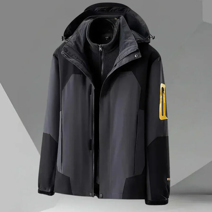 Men's weather-ready color block rain jacket with hood and full zip, perfect for transitional weather outerwear.