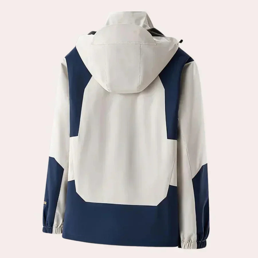 Stylish men's color block hooded rain jacket. Lightweight, windbreaker for casual everyday wear.