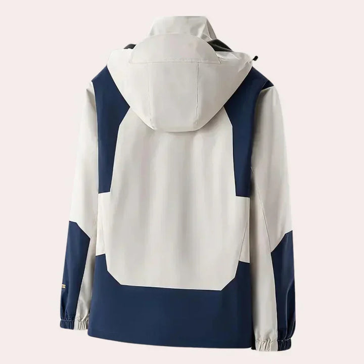 Stylish men's color block hooded rain jacket. Lightweight, windbreaker for casual everyday wear.