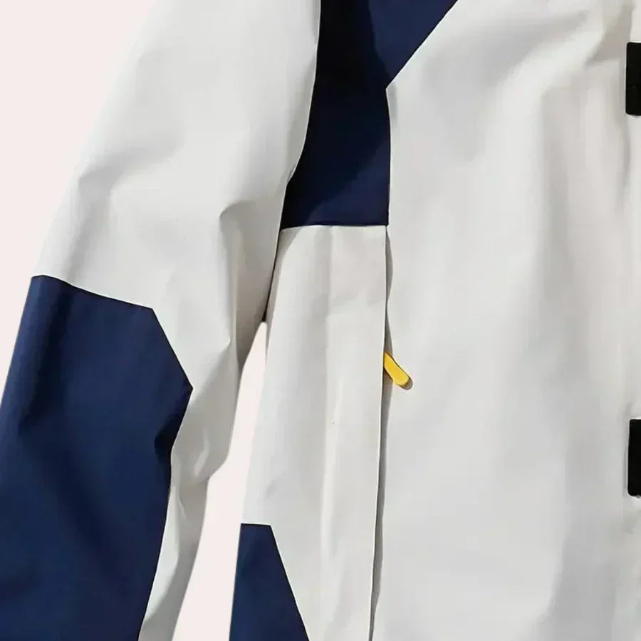 Durable men's hooded rain jacket, color block design. Weather-ready windbreaker for wet and transitional conditions.