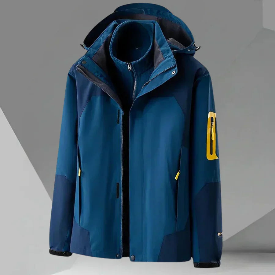 Men's color block hooded rain jacket. Full zip, weather-ready windbreaker for effective outdoor protection.