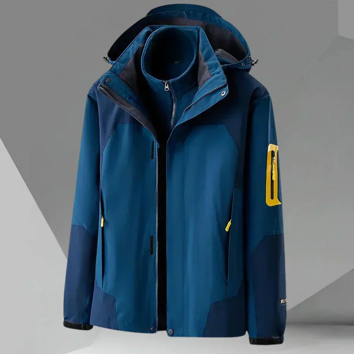 Men's color block hooded rain jacket. Full zip, weather-ready windbreaker for effective outdoor protection.