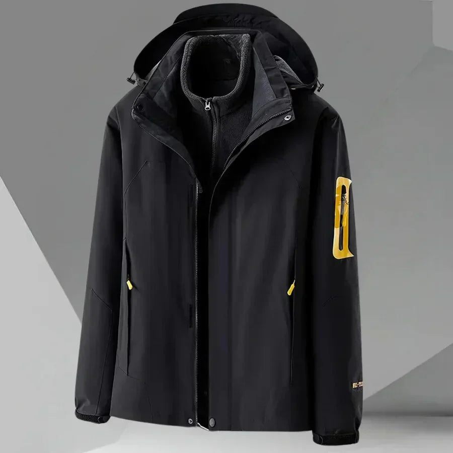 Contemporary men's lightweight hooded rain jacket. Color block windbreaker, perfect for active transitional weather.