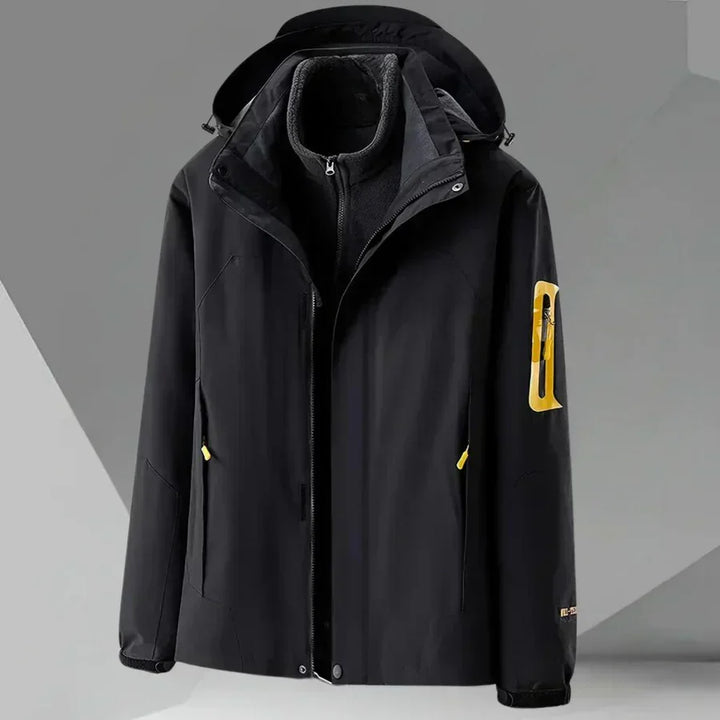 Contemporary men's lightweight hooded rain jacket. Color block windbreaker, perfect for active transitional weather.