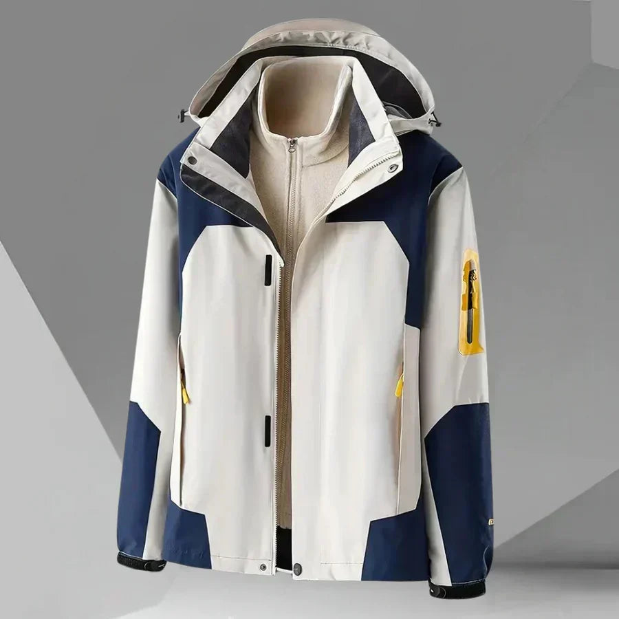 Men's everyday color block rain jacket. Hooded, full zip outerwear, a lightweight windbreaker for casual fashion.