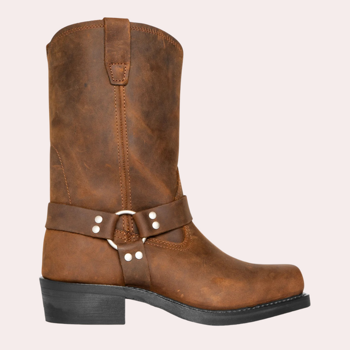 Men's western brown leather cowboy boots with decorative strap and traditional stitching, rugged style footwear.