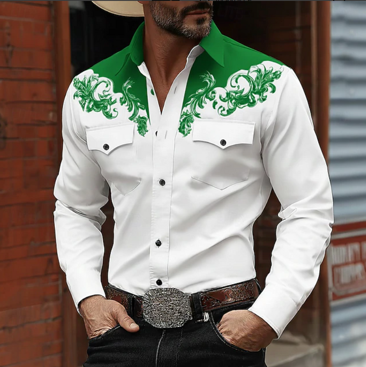 Men's western embroidered button-down shirt. Long sleeve, smart casual, cowboy style for a bold statement.
