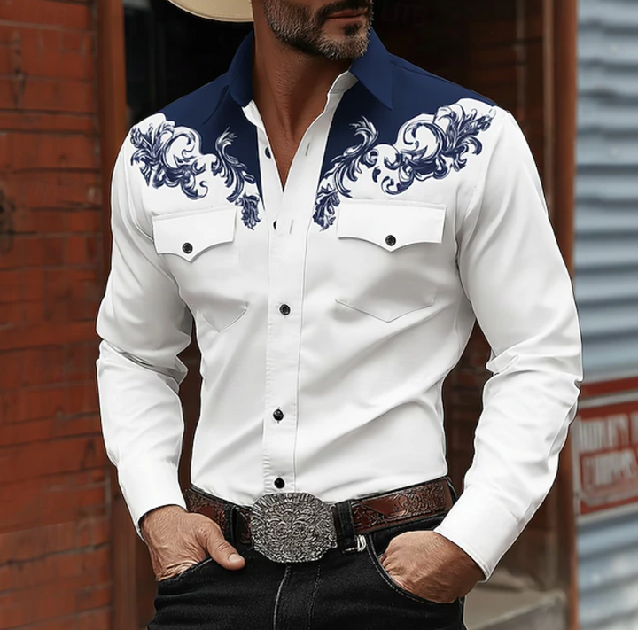 Close-up of men's western shirt with intricate embroidery. Stylish button-down long sleeve, perfect for casual fashion.