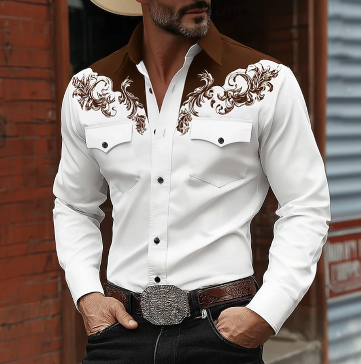 Refined men's long-sleeve western shirt with bold embroidery. Versatile casual shirt for modern cowboy fashion.