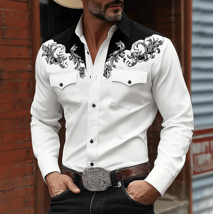 Stylish men's long-sleeve western button-down shirt with unique embroidery. A smart casual statement for men's fashion.
