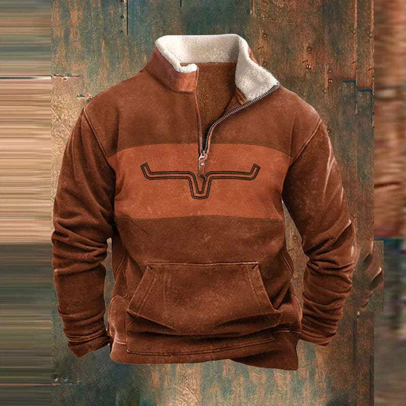Stylish men's khaki Western quarter-zip sweatshirt, perfect for cozy fall layering and warmth.