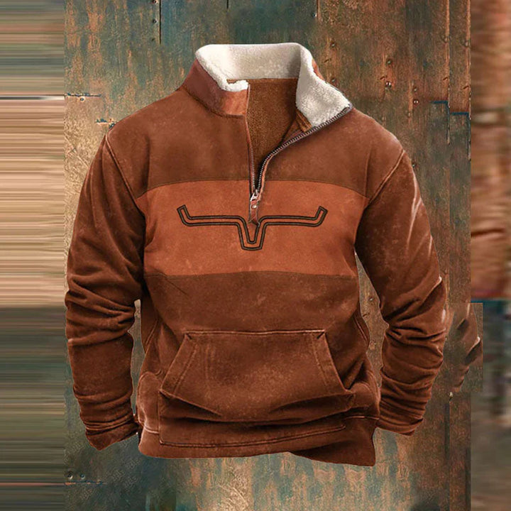 Stylish men's khaki Western quarter-zip sweatshirt, perfect for cozy fall layering and warmth.