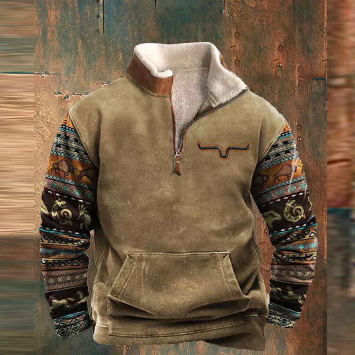 Warm men's Western quarter-zip pullover in orange, a cozy casual sweatshirt for winter layering.