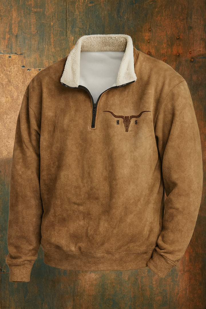Men's casual Western quarter-zip pullover sweatshirt in orange & khaki, ideal for fall/winter comfort.