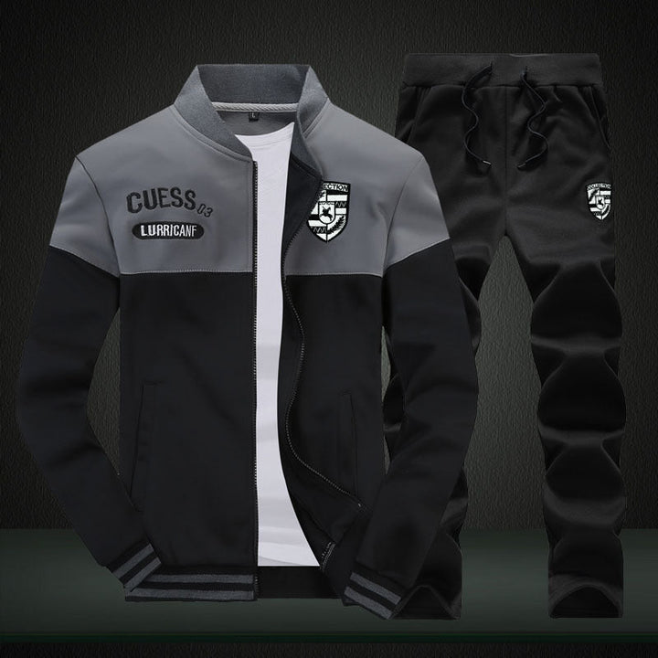 Men's white & blue sporty tracksuit with baseball style jacket & pants. Perfect activewear or casual outfit.