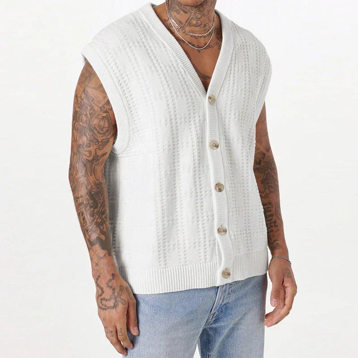 Men's white button front textured knitted vest, perfect for summer casual style or smart layering.