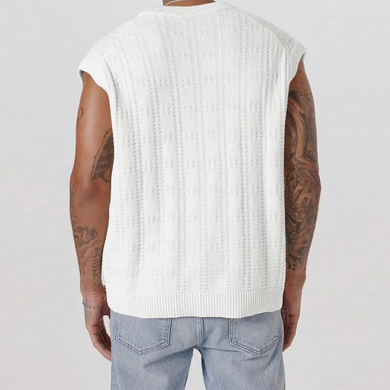 White textured knit men's sleeveless vest with button front for effortless summer fashion & smart casual wear.