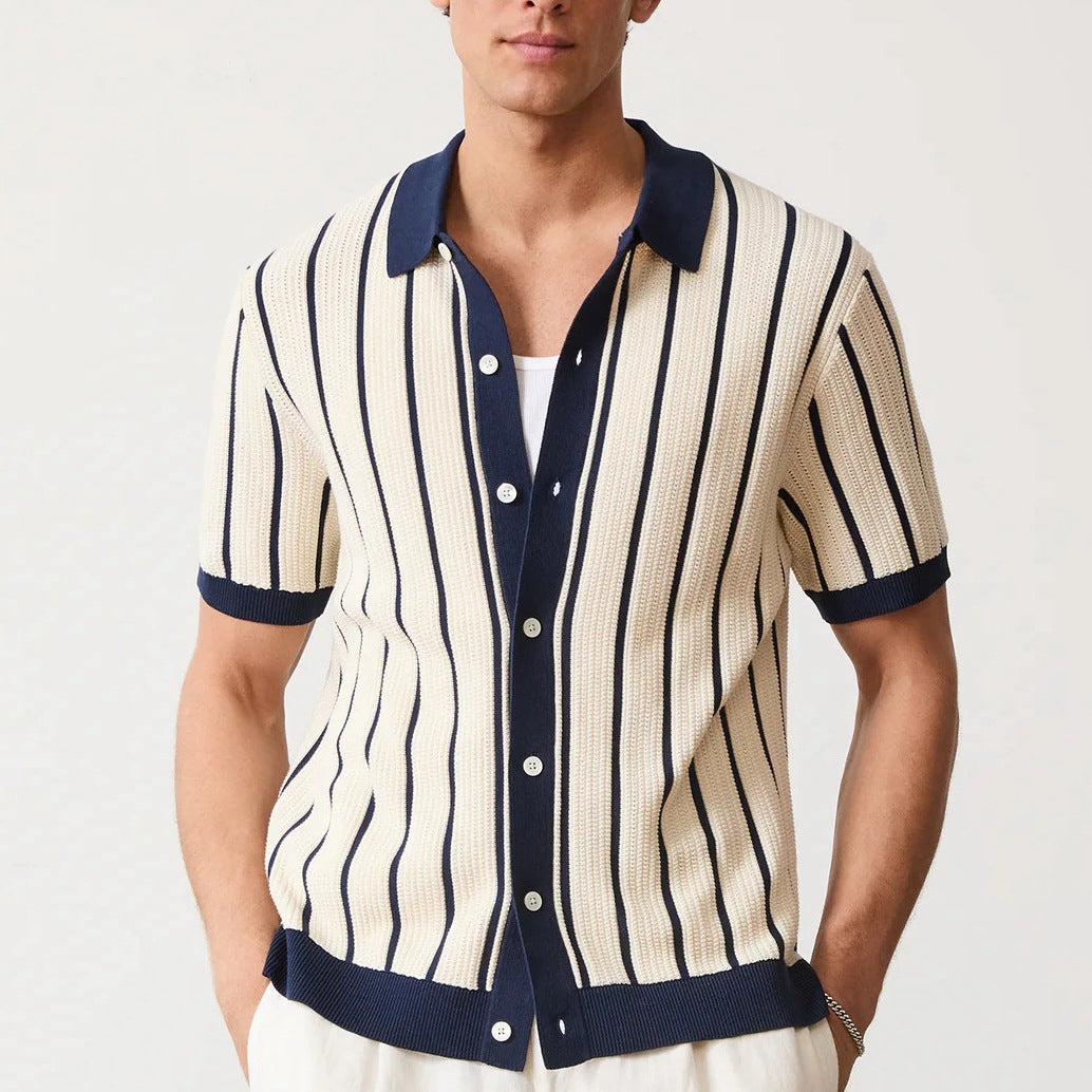 Men's white vertical striped button-down shirt, short sleeve, smart casual for summer.