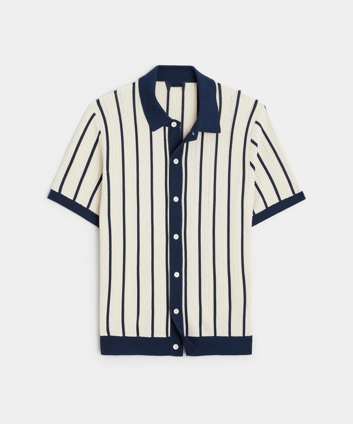 Stylish men's short sleeve casual shirt, white with vertical stripes, perfect for summer fashion.