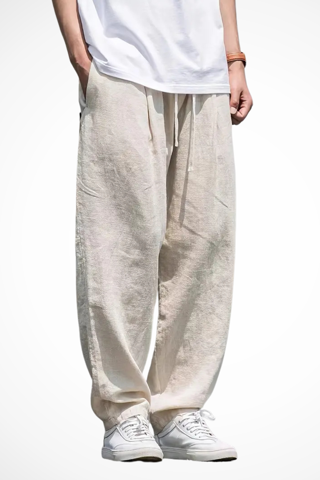 Men's wide leg khaki trousers with elastic waist & drawstring. Comfortable casual bottoms with front seam.
