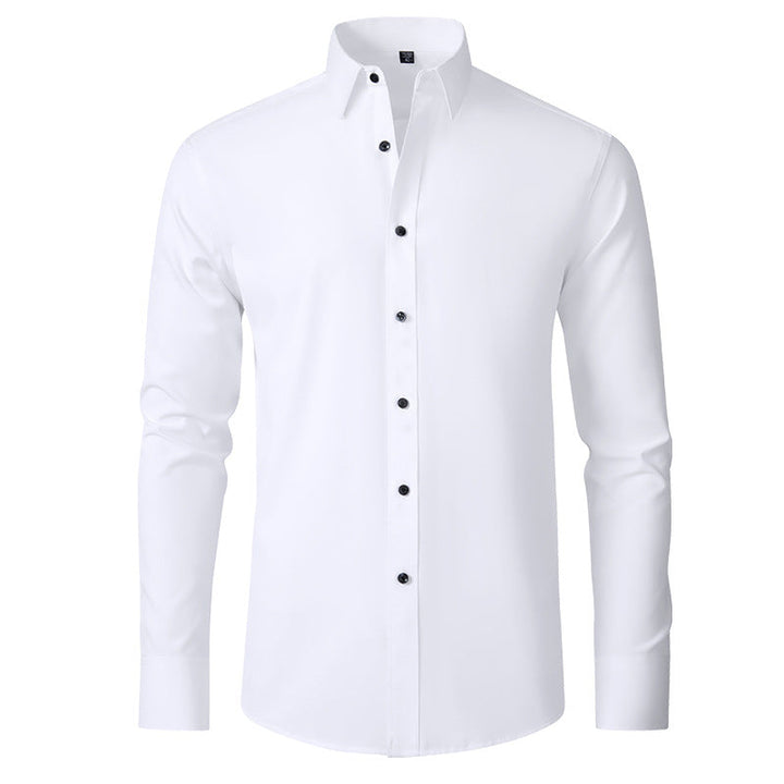Men's wrinkle-resistant slim fit stretch dress shirt for sharp, professional office wear.