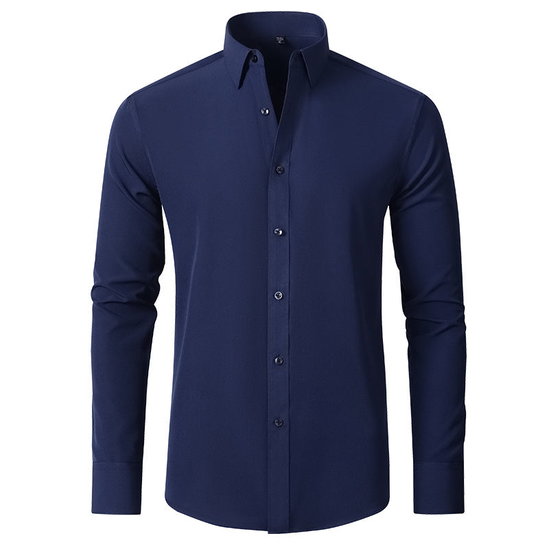 Close-up of a men's wrinkle-resistant dress shirt, showcasing stretch fabric & modern slim fit.