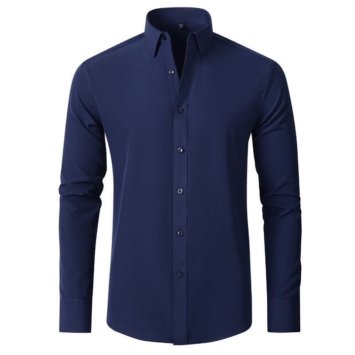 Close-up of a men's wrinkle-resistant dress shirt, showcasing stretch fabric & modern slim fit.