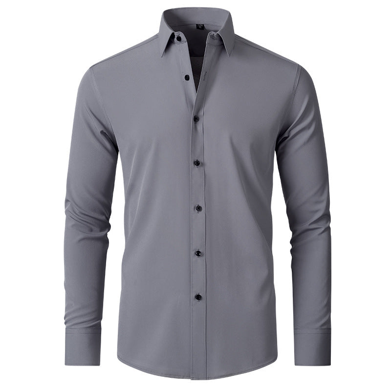 Men's easy-care slim fit dress shirt with wrinkle-resistant and stretch fabric for a polished look.