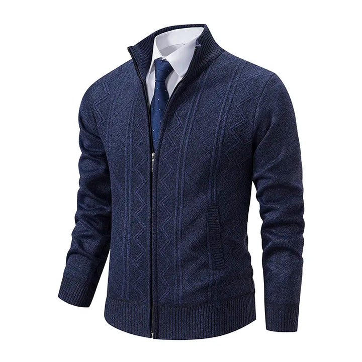 Men's zip-up cardigan sweater with a stand collar, patterned knit for warmth & style. Casual winter fashion.