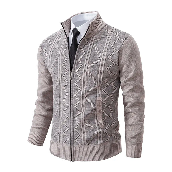 Close-up of a men's knit zip-up cardigan, showcasing detailed pattern & stand collar. Ideal for winter warmth.