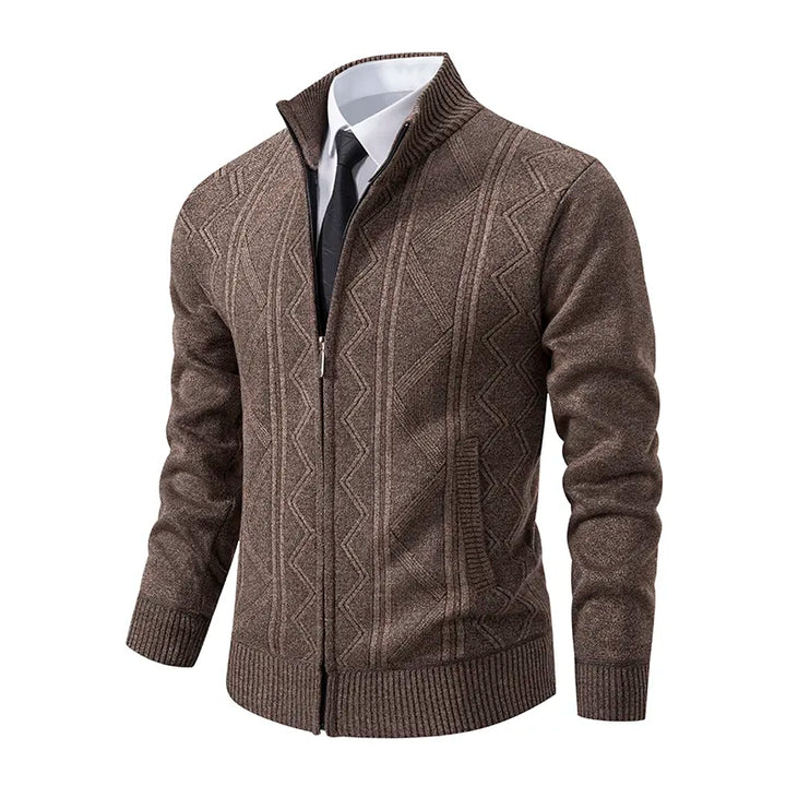 Modern men's patterned zip-up cardigan sweater. A comfortable & warm layering essential for winter fashion.