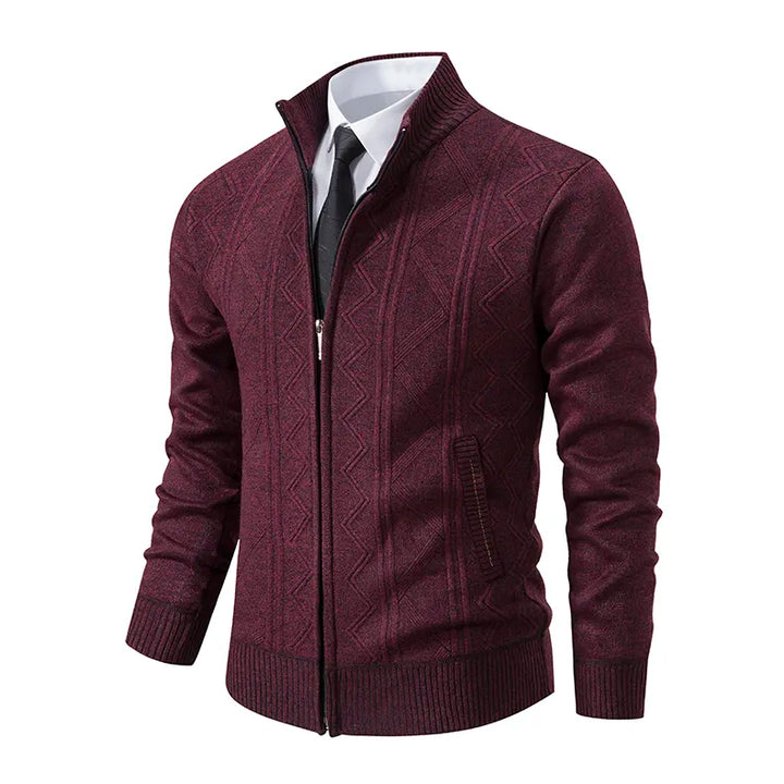 Comfortable men's zip-up cardigan with stand collar. Soft patterned knit for warmth and stylish casual wear.