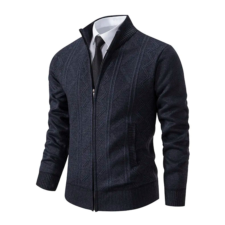 Versatile men's zip-up sweater cardigan, featuring a unique patterned knit. Elevates smart casual winter style.