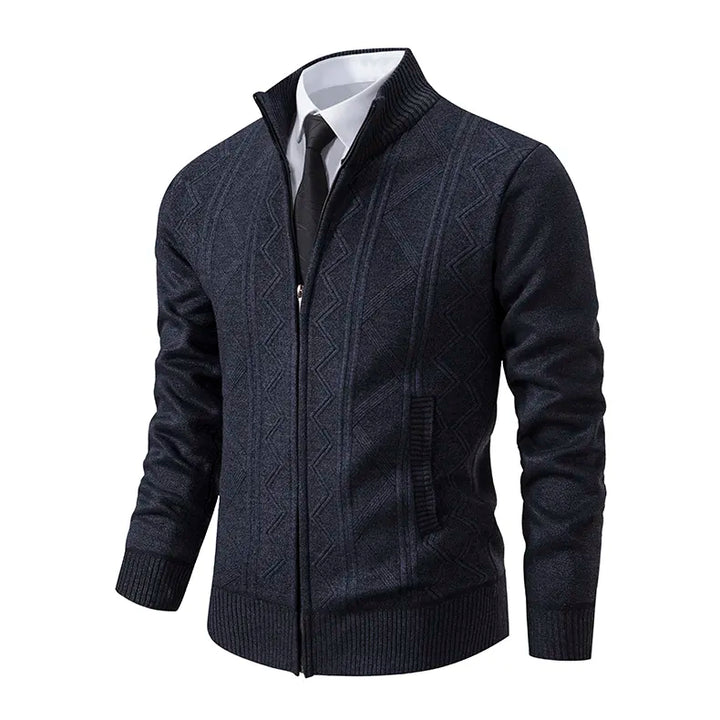 Versatile men's zip-up sweater cardigan, featuring a unique patterned knit. Elevates smart casual winter style.