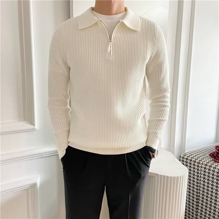 Men's zip-up polo sweater in a smart casual knit, perfect for modern layering.