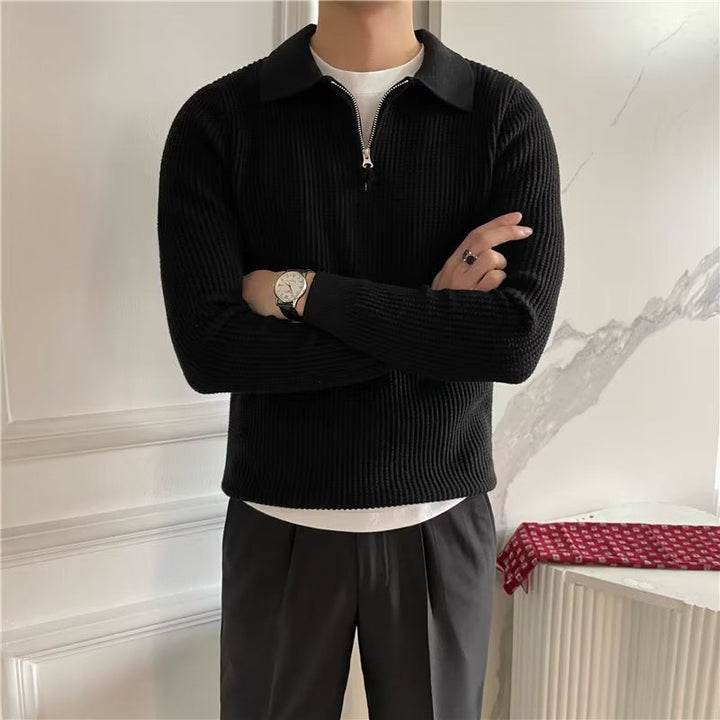 Men's smart casual knit top: a zip-up polo sweater with long sleeves, perfect for versatile wear.