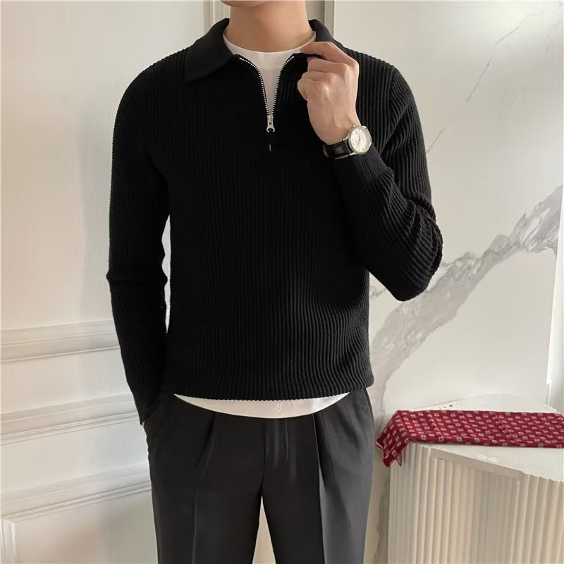 Stylish men's knit sweater with a zip-up polo collar. Smart casual long-sleeve top for modern looks.