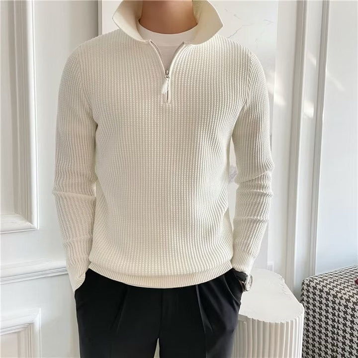 Smart casual men's zip-up polo knit sweater, versatile for everyday wear or dressed-up occasions.